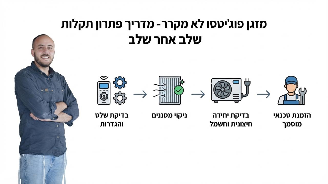 אינפוגרפיקה — מזגן פוג'יטסו לא מקרר - מדריך פתרון תקלות שלב אחר שלב
