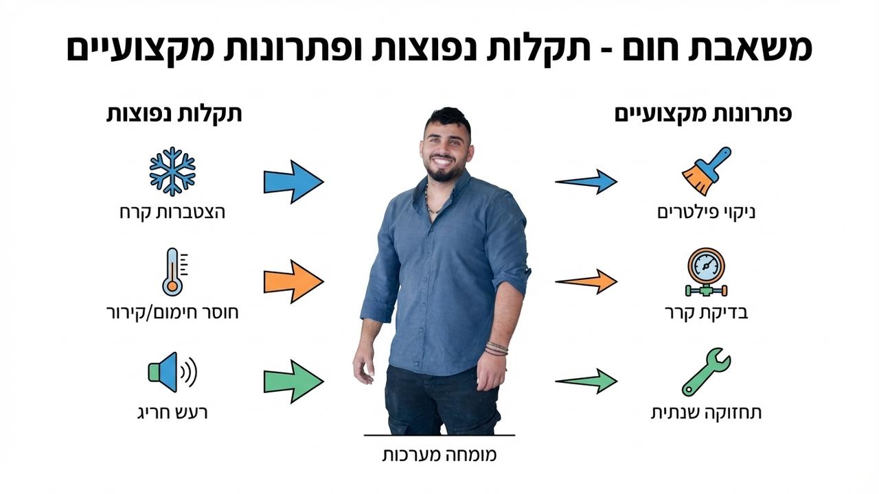 אינפוגרפיקה — משאבת חום - תקלות נפוצות ופתרונות מקצועיים